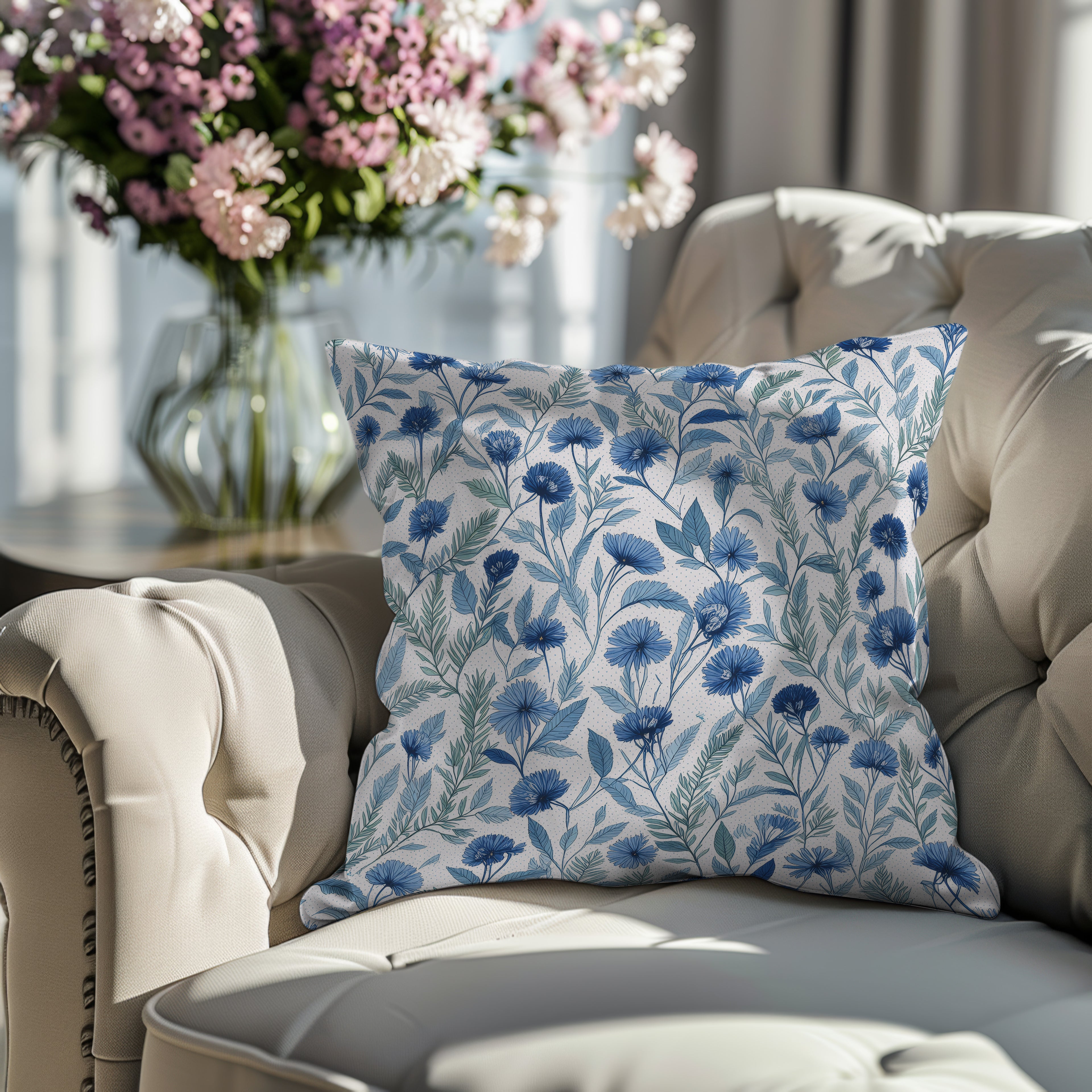 Blue Flower Spun Polyester Square Pillow 1# — Elena Rise Design
