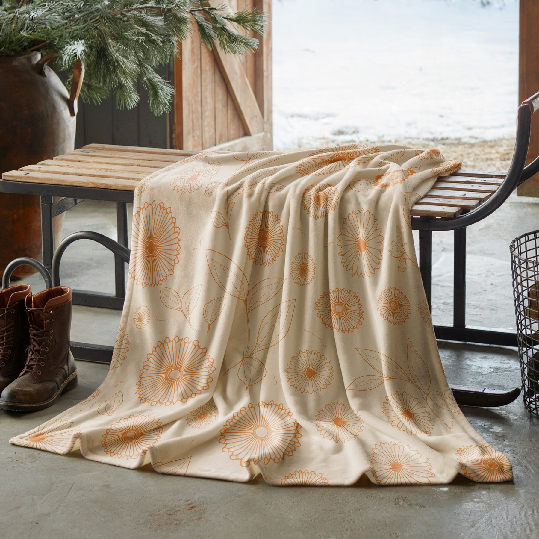 Soft Orange Floral Velveteen Microfiber Blanket Soft Throw - 3# - Elena Rise Design