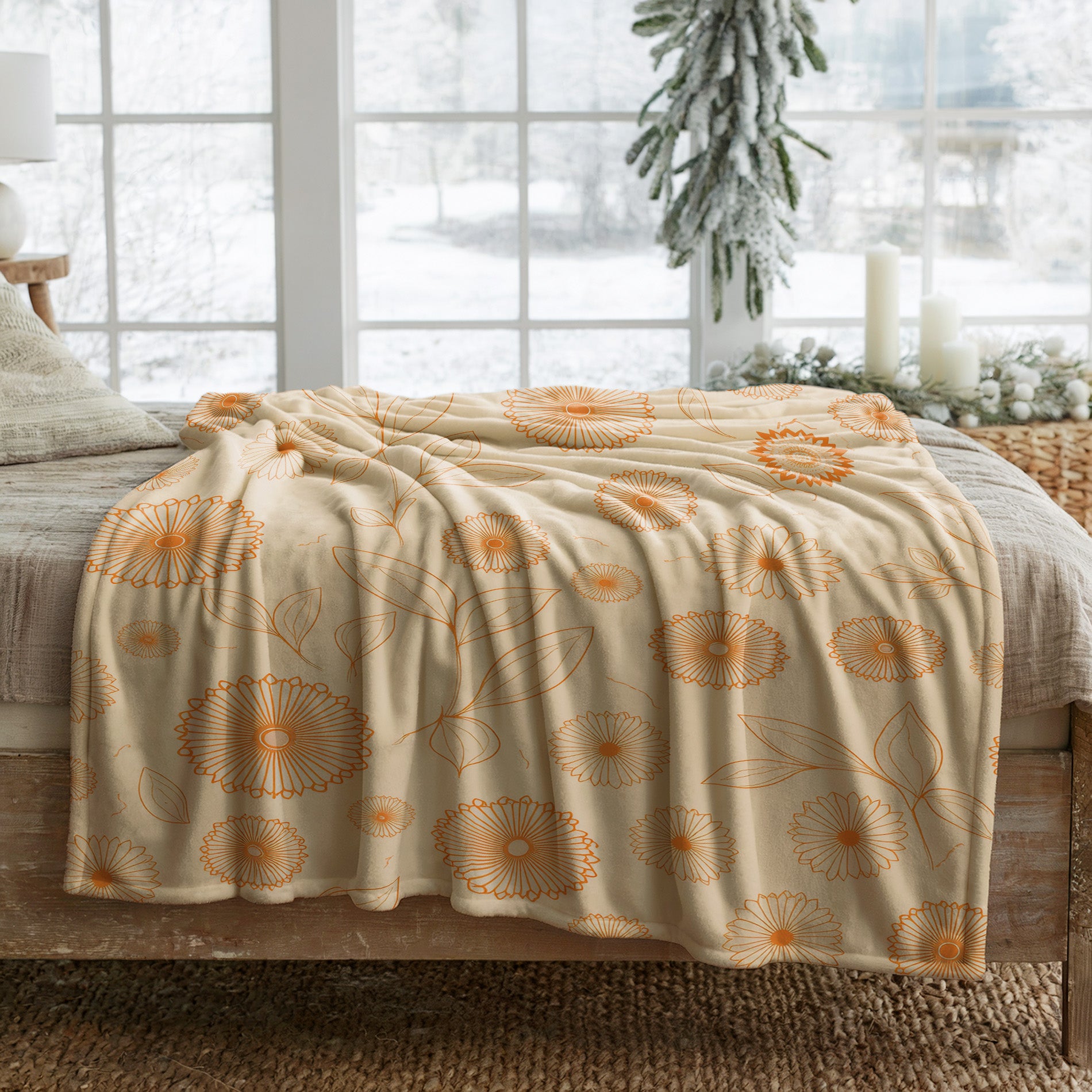 Soft Orange Floral Velveteen Microfiber Blanket Soft Throw - 3# - Elena Rise Design